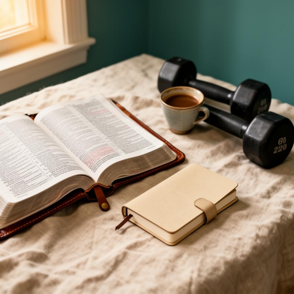Open Bible, journal, coffee, and dumbbells
